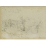 Clarkson Stanfield - Village landscape with church and bridge, 19th century pencil, inscribed verso,