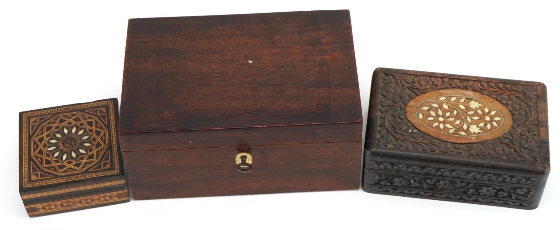 Woodenware including an Anglo Indian box carved with flowers and a Moorish style inlaid box, the - Bild 2 aus 4