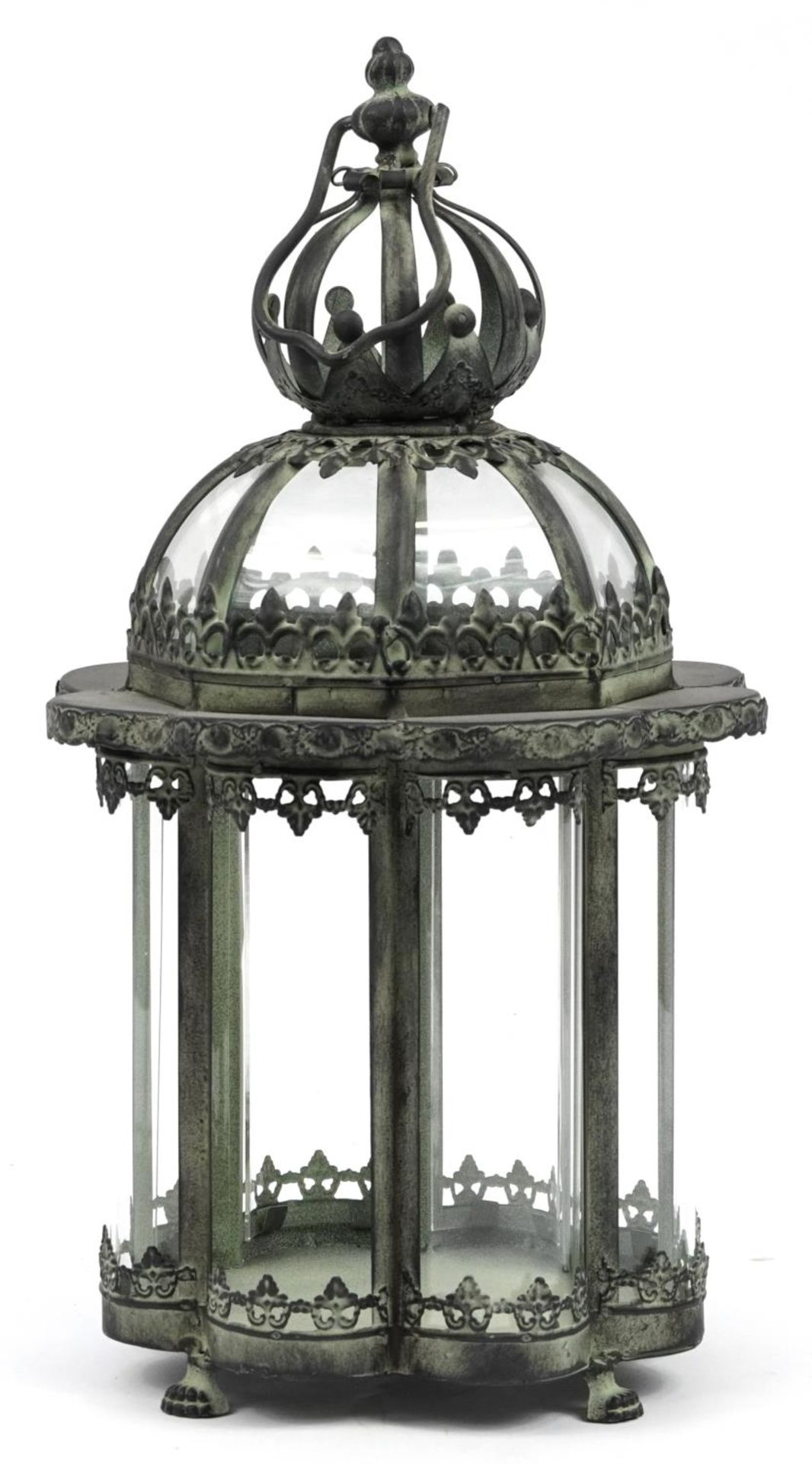 Bronzed metal hanging lantern with glass panels on paw feet, 45.5cm high For further information - Image 2 of 3