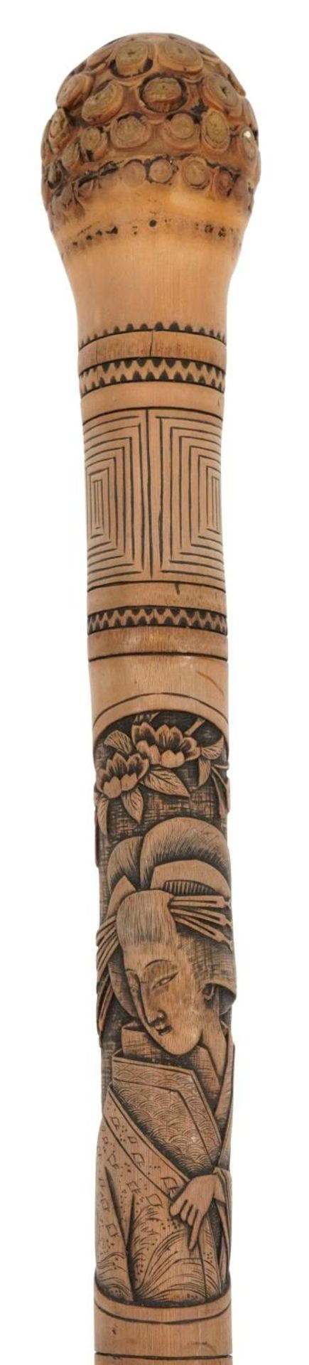 Chinese bamboo walking stick carved with panels of Geishas and flowers, 87.5cm in length For further