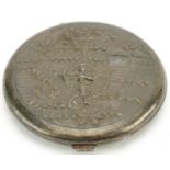 Anglo Indian sterling silver circular compact embossed with a farmer, 7.5cm in diameter, 93.6g For