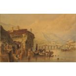 Mountainous river landscape with moored boats and figures, 19th century continental watercolour,