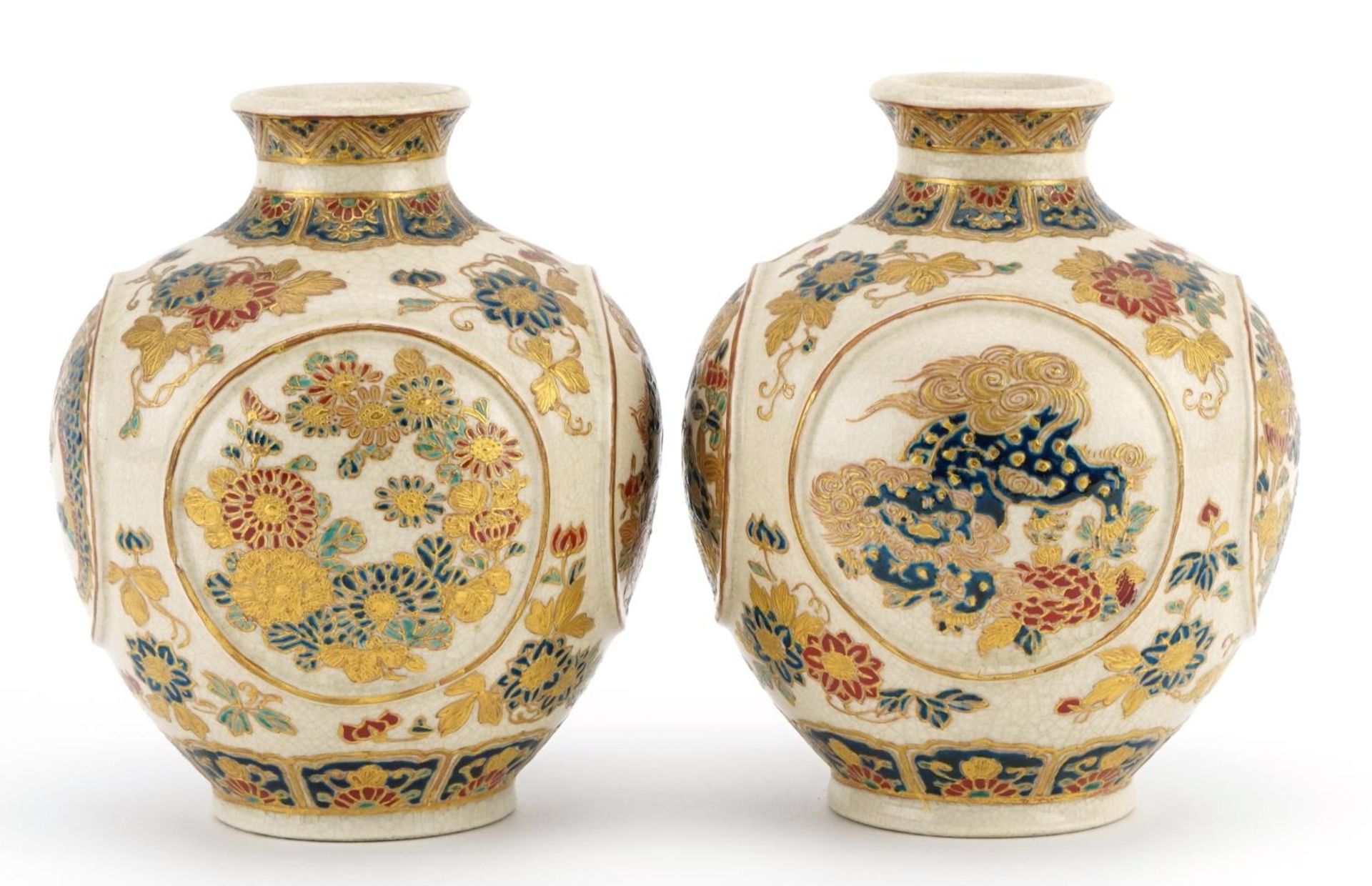 Pair of Japanese Satsuma pottery vases finely gilded with panels of dragons and flowers, character - Image 4 of 6