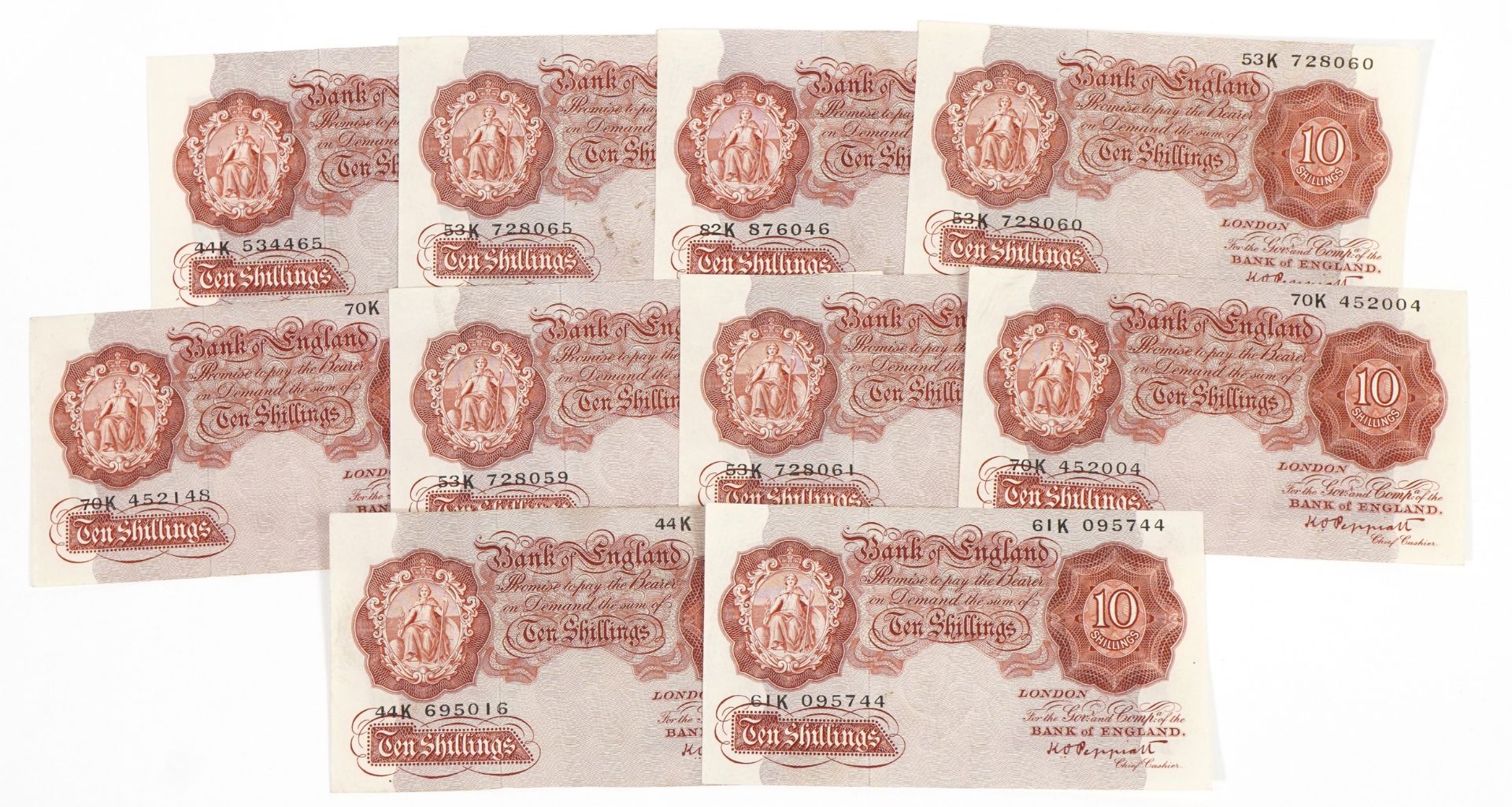 Ten Bank of England ten shilling notes, each Chief Cashier K O Peppiatt, various serial numbers