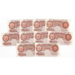 Ten Bank of England ten shilling notes, each Chief Cashier K O Peppiatt, various serial numbers