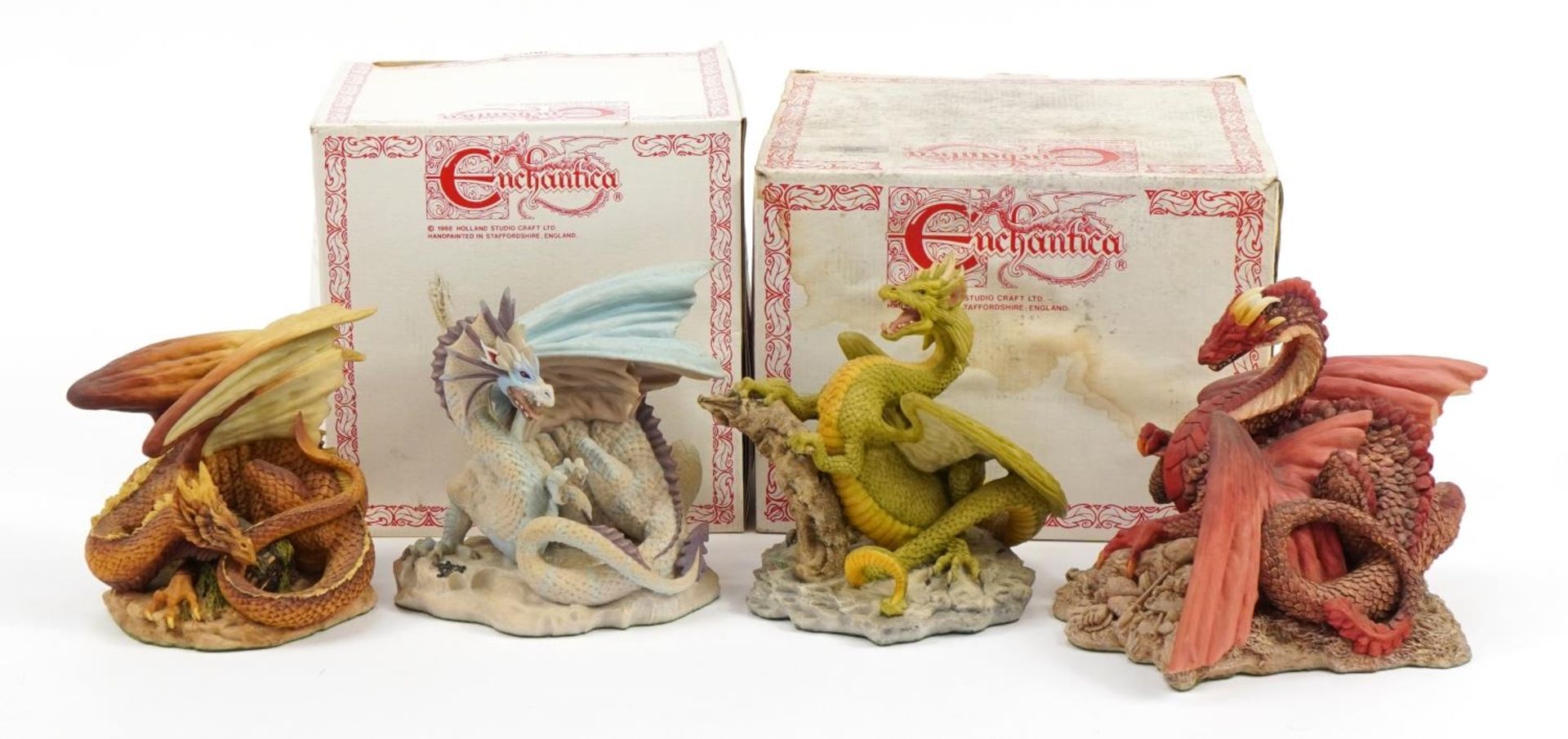 Set of four Enchantica Four Seasons dragons by Holland Studio Craft with certificates, two with