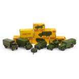 Six Dinky Toys diecast army vehicles with boxes comprising Armoured Command Vehicle 677, Army