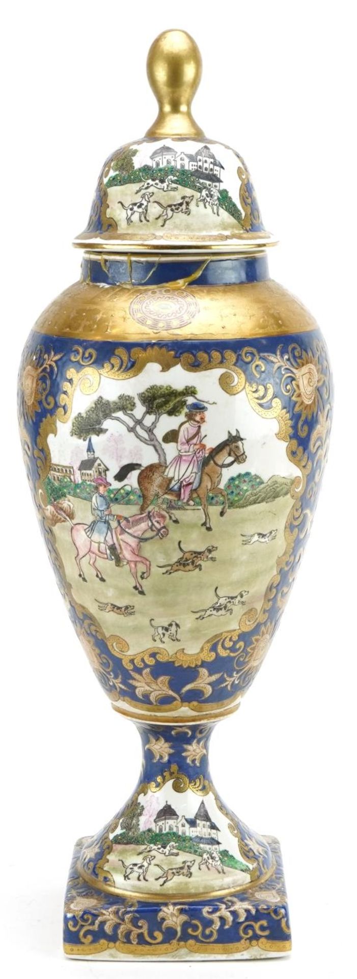 European Chinese style porcelain vase and cover hand painted with panels of figures and animals, - Image 2 of 3