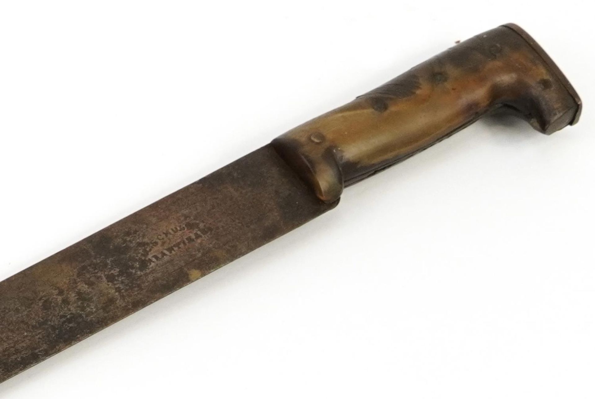 19th century European machete with horn handle and steel blade impressed F C Schulte Garantieado,