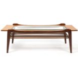 Mid century teak rectangular coffee table with glass insert and under tier, 39cm H x 120cm W x