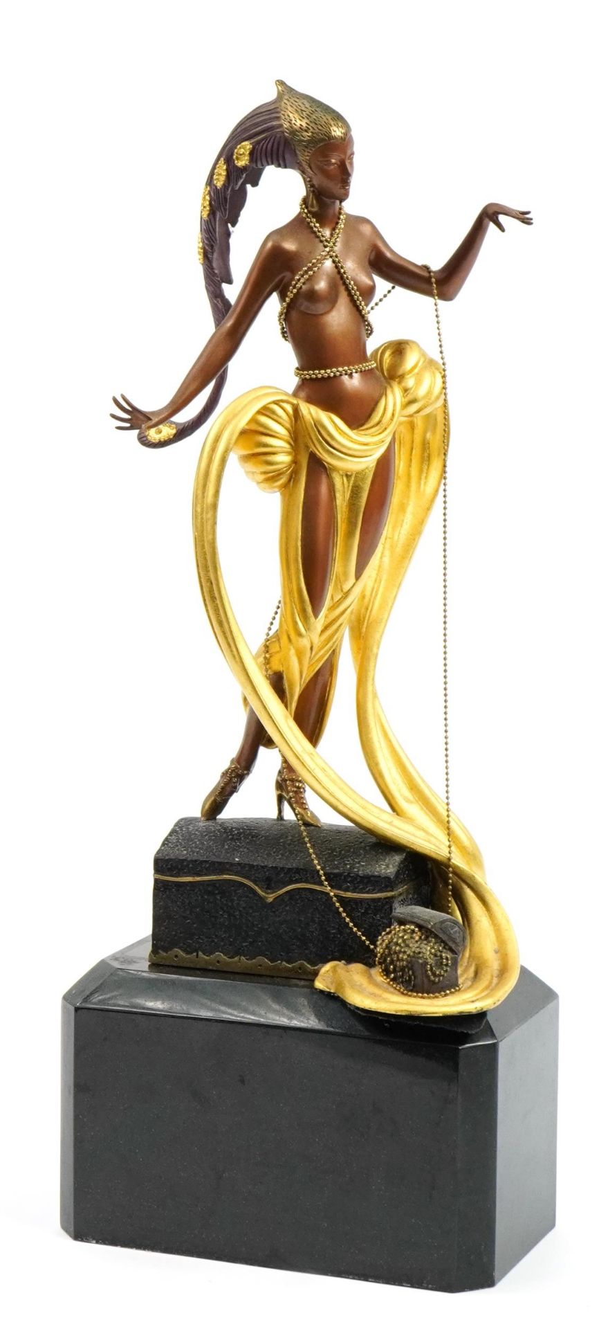 Erte, cold painted bronze study of a semi nude Art Deco female raised on a rectangular black