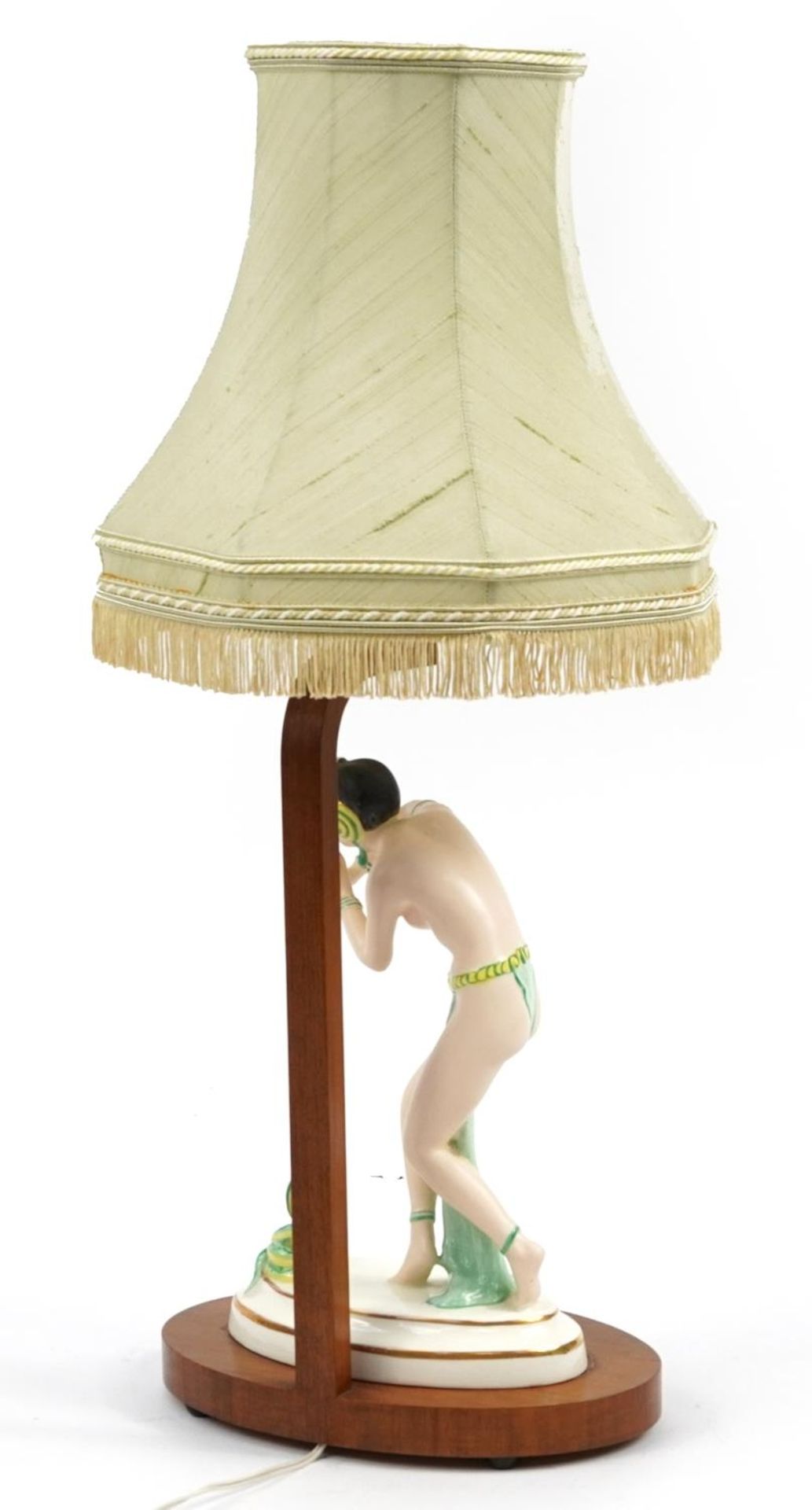 Art Deco walnut table lamp mounted with a Czechoslovakian porcelain figurine of a snake charmer, the - Image 3 of 5