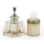 Silver mounted polished agate pot and cover and a cut glass atomiser with sterling silver and