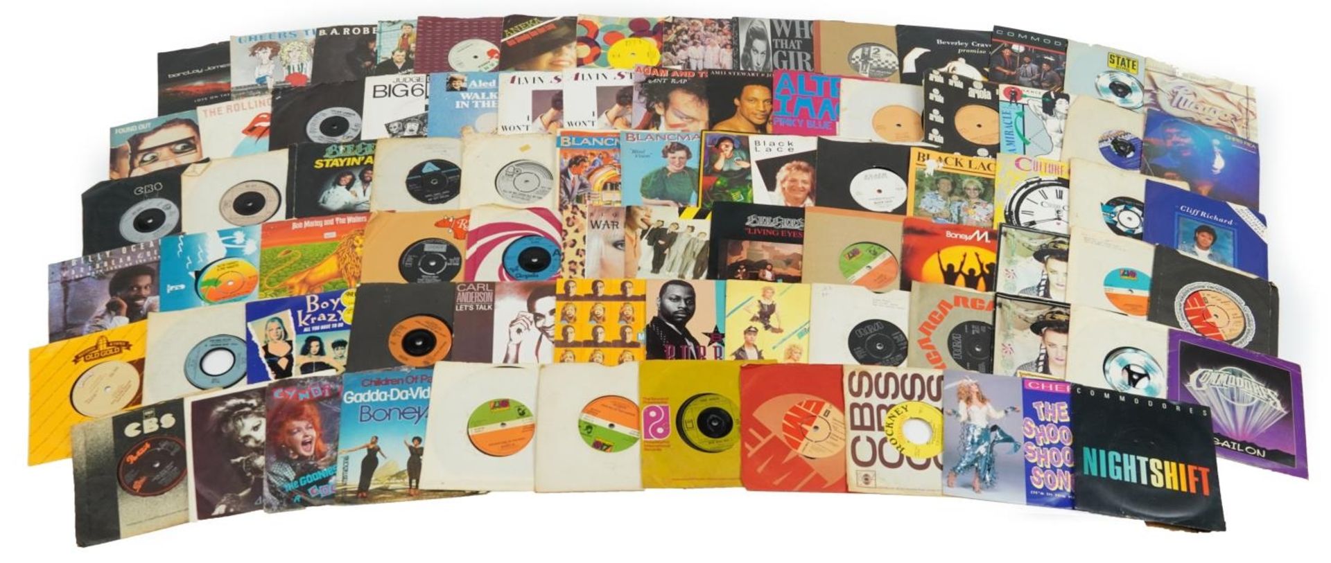 45rpm records including The Rolling Stones, The Bee Gees, Billy Ocean, Culture Club, Judge Dread and