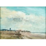 Ian Houston - Coastal landscape with buildings, Impressionist oil on board, mounted and framed and
