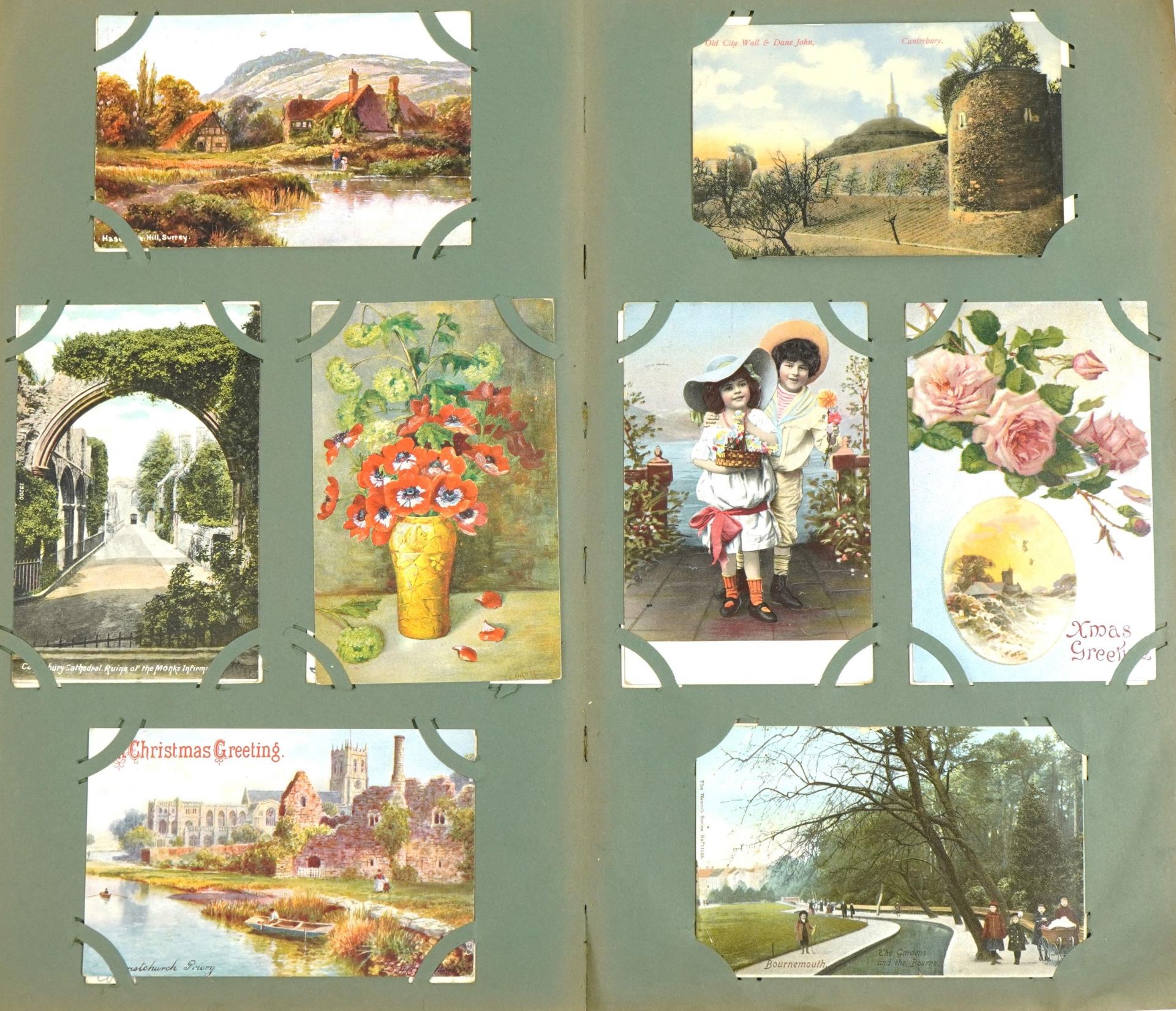 Edwardian and later topographical, social history and comical postcards arranged in an album