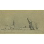 Boats beside a coastline, ink and pencil sketch, mounted, framed and glazed, 11cm x 6.5cm