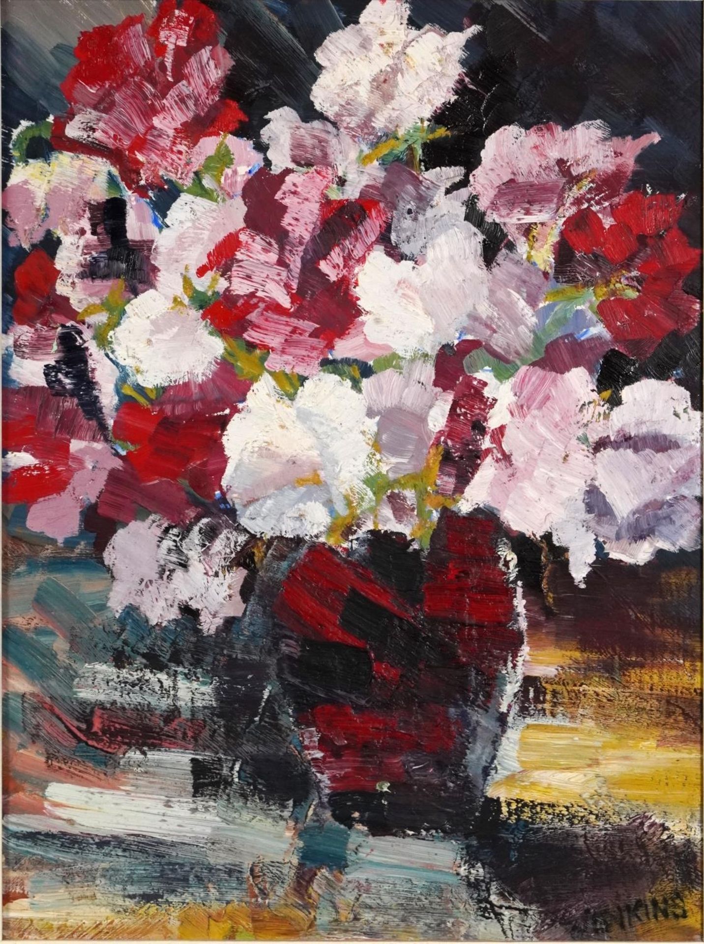 Jenkins - Still life flowers in a vase, Impressionist oil on canvas board, mounted and framed,