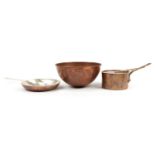 Three antique copper warming pans including a Mappin & Webb saucepan, the largest 48.5cm in length