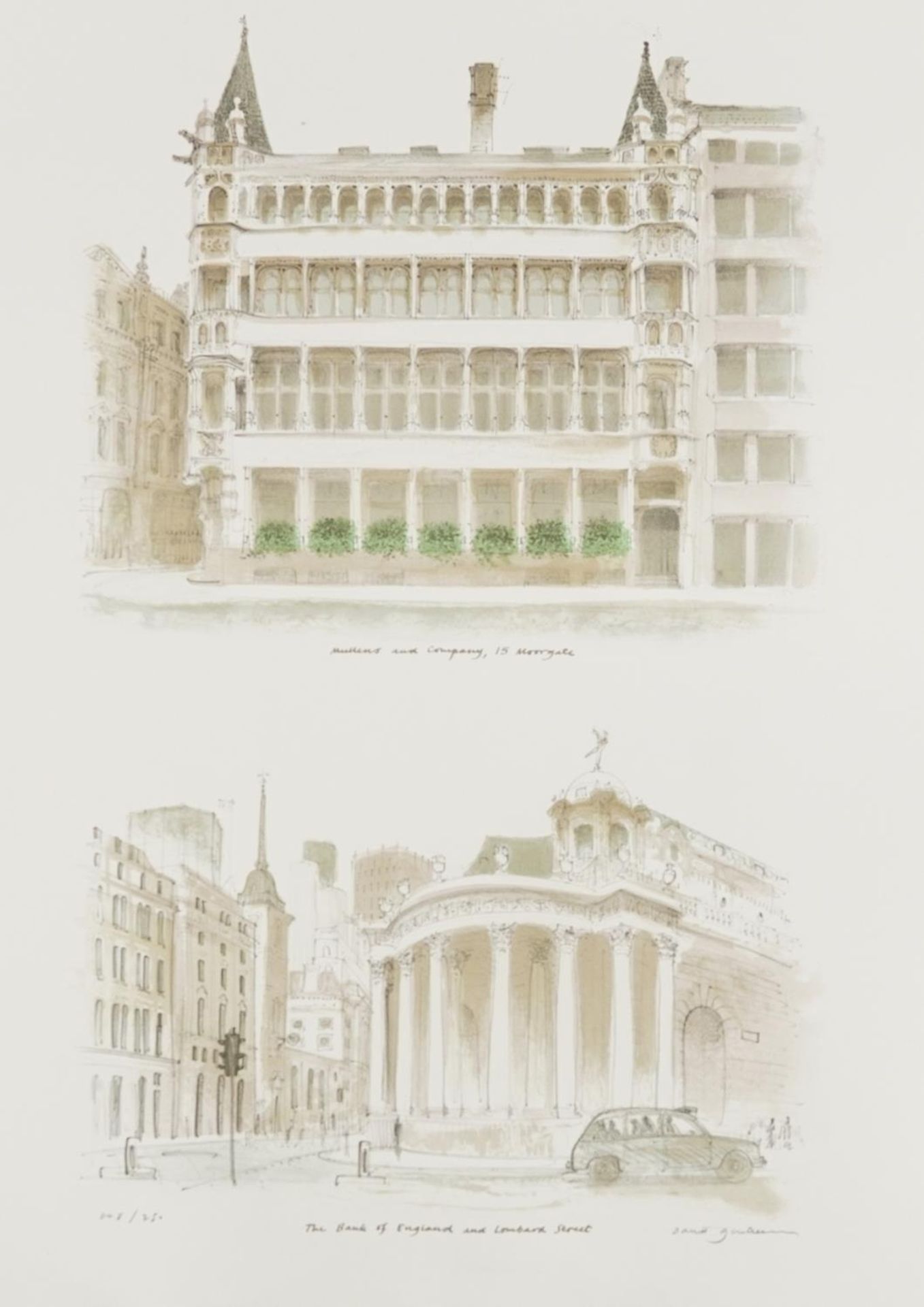 David Gentleman, The Bank of England and Lombard Street, pencil signed lithograph in colour, limited