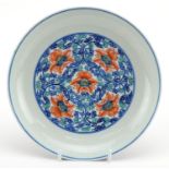 Chinese blue and white with iron red porcelain shallow plate hand painted with flower heads