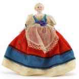 19th century French bisque porcelain doll wearing 18th century dress, the doll 17cm high For further