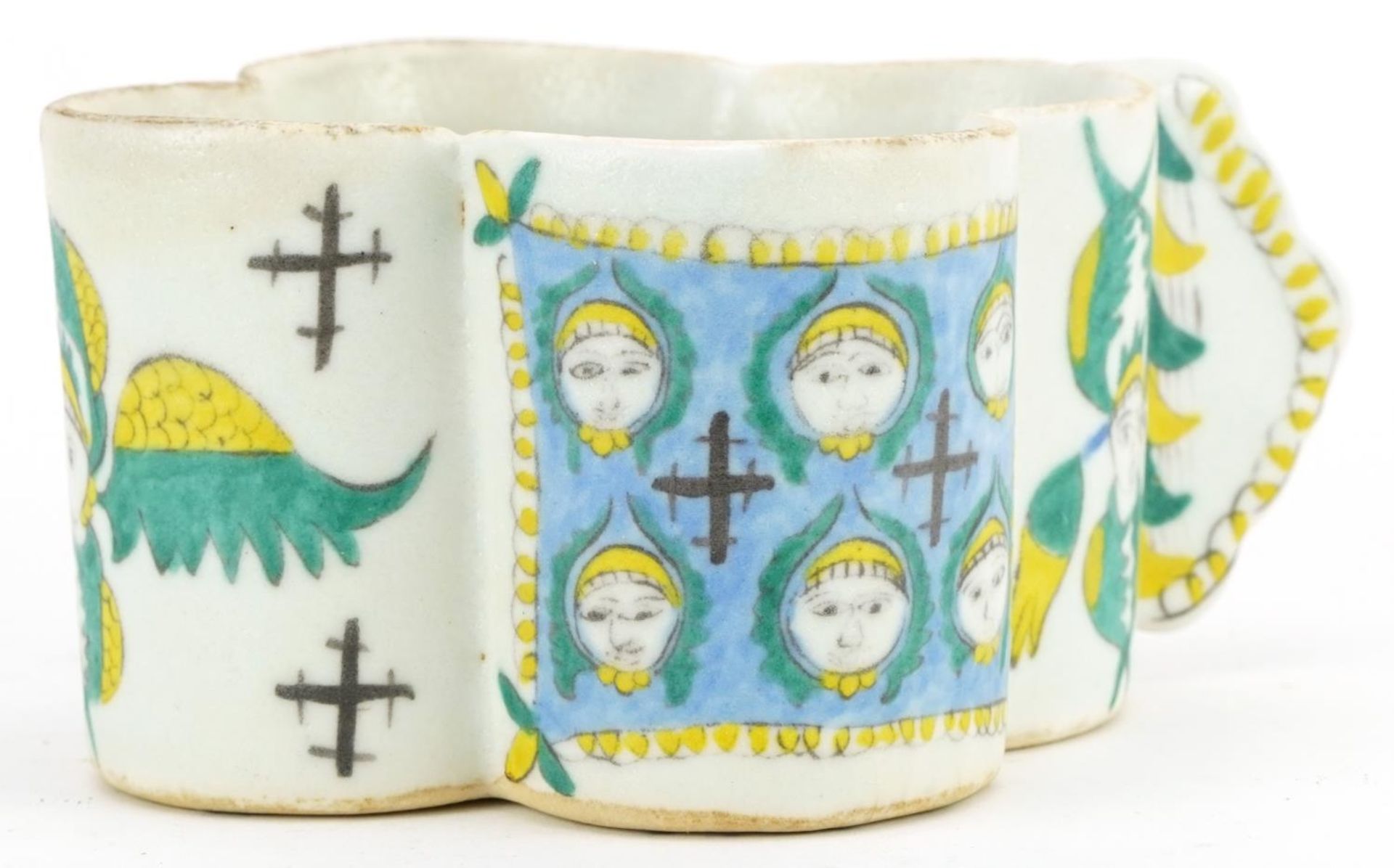 Armenian Ottoman Kutahya water cup hand painted with religious faces, 15cm in length For further