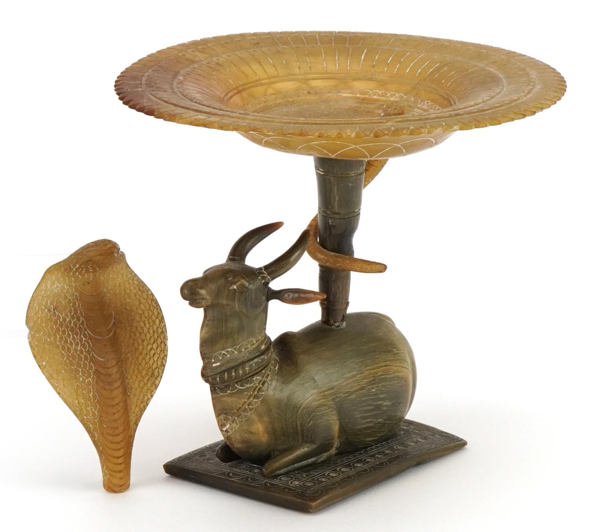 Indian horn pedestal dish carved with a water buffalo and cobra, signed to the base, overall 19cm - Image 3 of 6