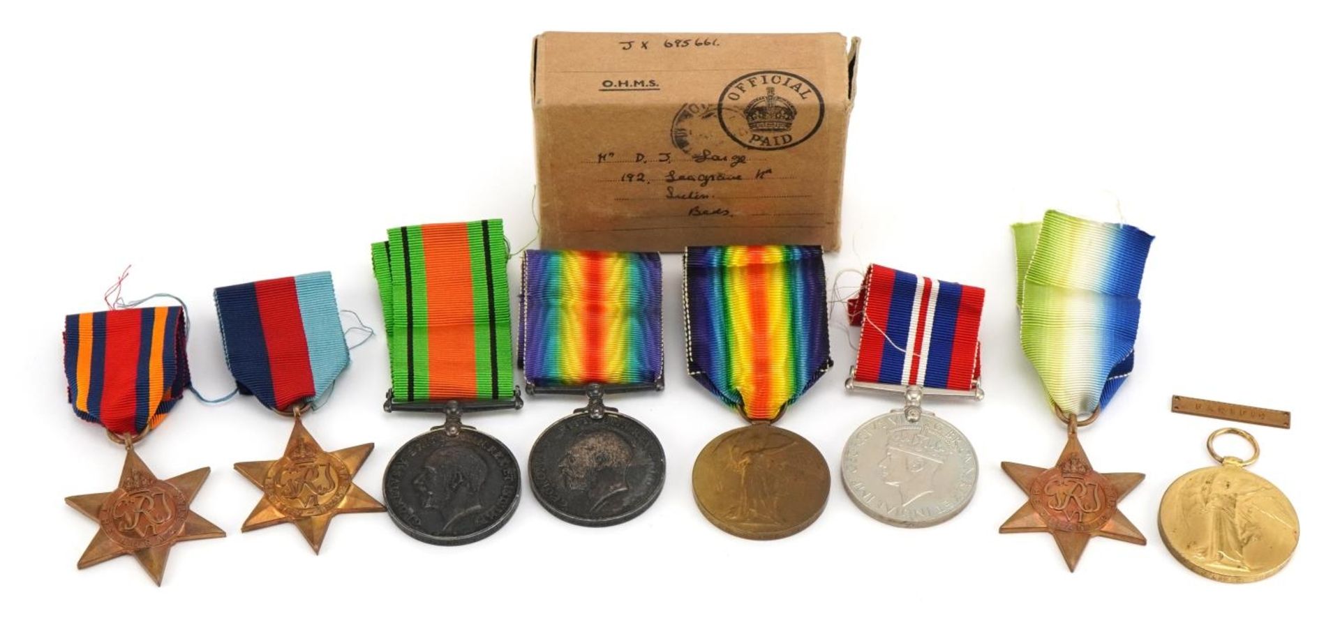 British military World War I and World War II family medals comprising two World War I pairs awarded