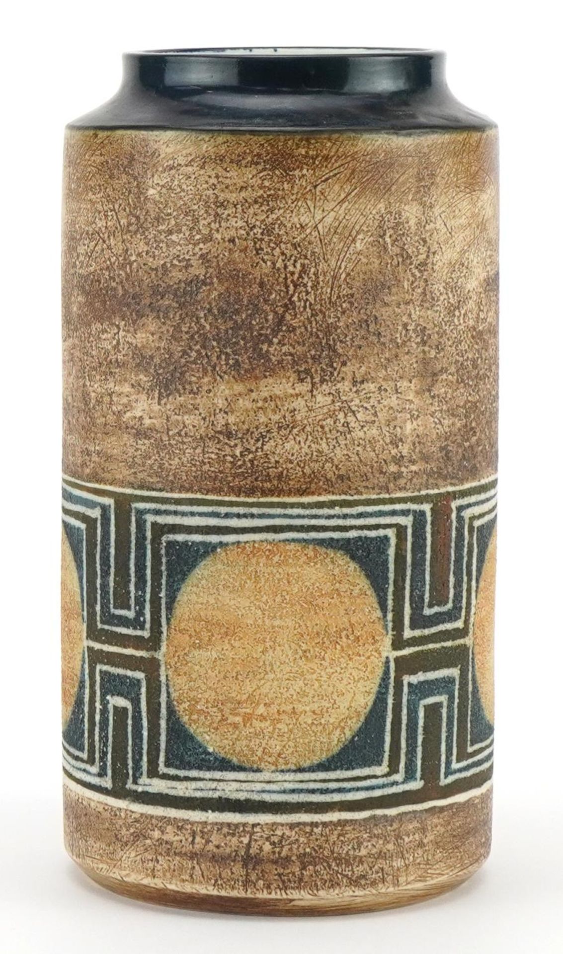 Troika St Ives pottery cylindrical vase hand painted with discs within a stylised geometric band, - Image 2 of 3