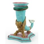 Victorian Majolica spill vase in the form of a cornucopia, impressed marks to the base, 20cm high