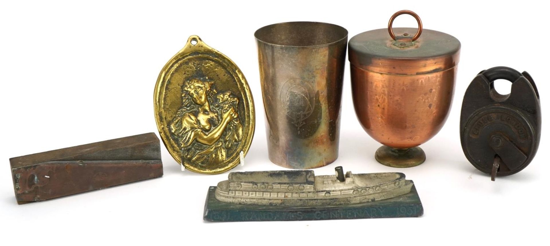 18th century and later objects including an oval plaque of a female, Chubb of London iron lock