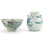 Chinese provincial blue and white porcelain spouted vessel and a similar bowl hand painted with a
