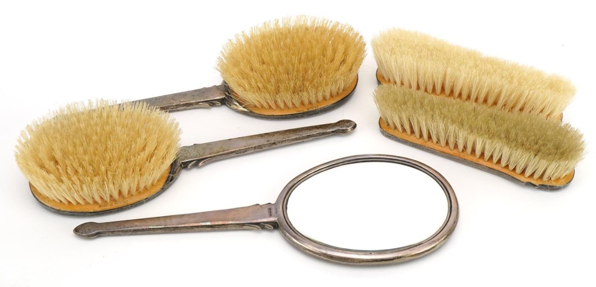 W I Broadway & Co, silver five piece dressing table set comprising two pairs of brushes and hand - Image 5 of 5