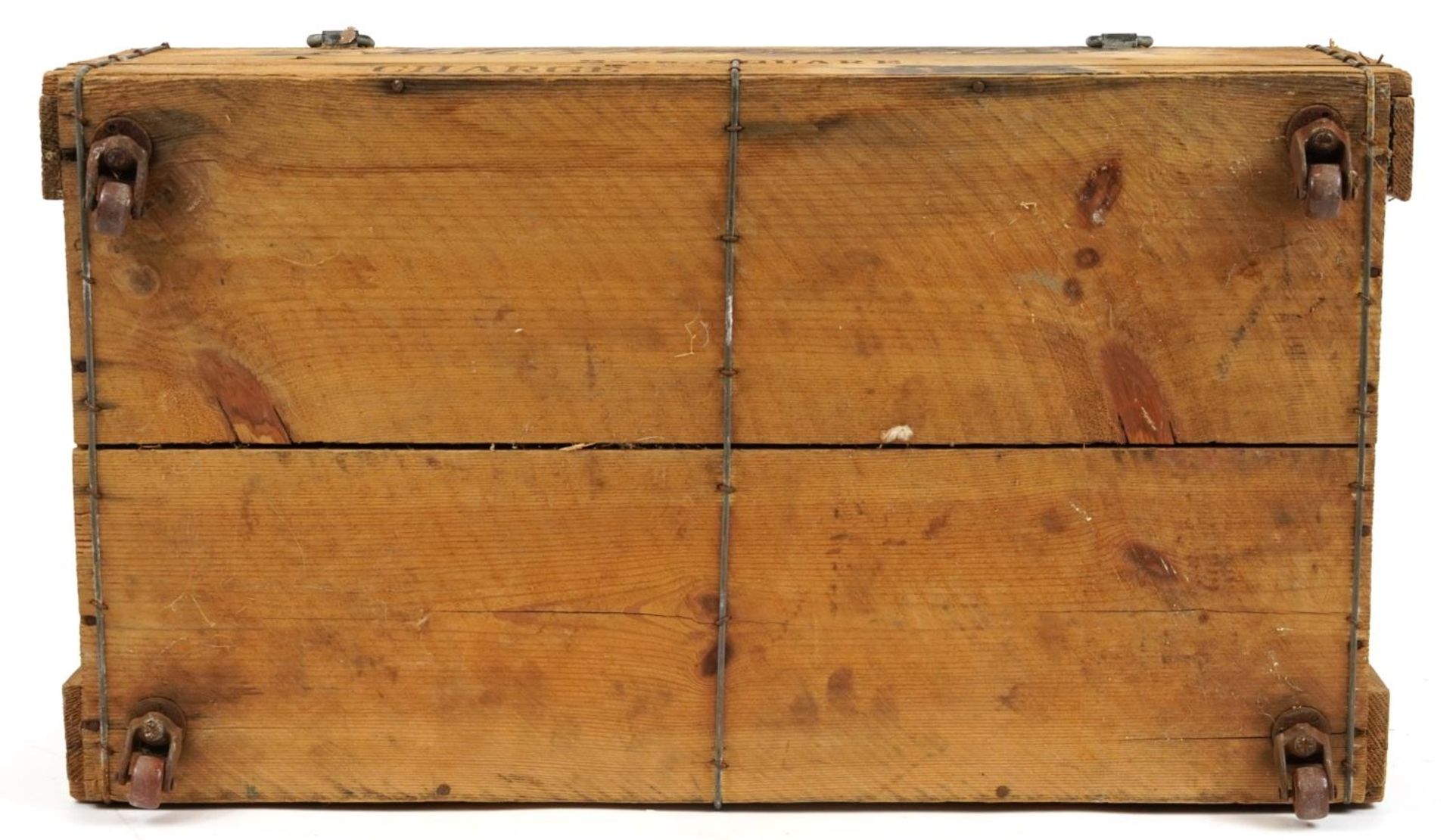 W & A Gilbey Ltd, Vintage Whisky pine advertising crate on metal casters, 26cm H x 66.5cm W x 37cm D - Bild 5 aus 5