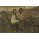 Fisherman and woman seated before a harbour, oil on board, Newcastle upon Tyne label verso,