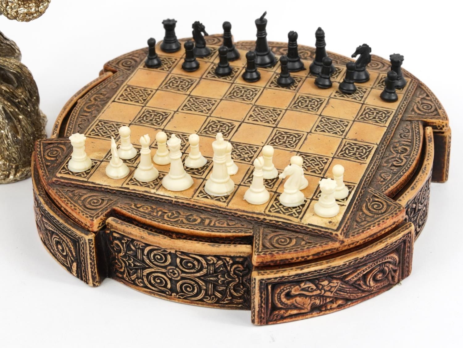Celtic design chess board with pieces and two silvered Myth & Magic style figures, the largest - Image 3 of 5