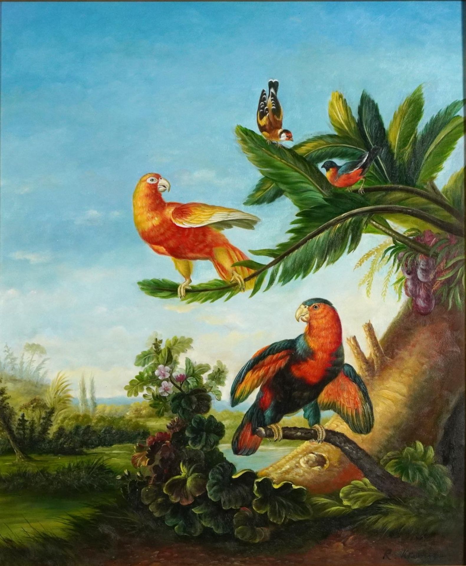 Birds of paradise before landscapes, pair of Old Master style oil on canvasses, each indistinctly - Image 2 of 9