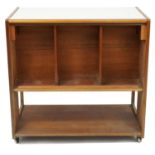 A H McIntosh & Co of Kirkcaldy Scotland, mid century teak trolley with open shelves and frieze