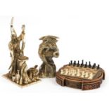 Celtic design chess board with pieces and two silvered Myth & Magic style figures, the largest