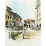 Continental street scene with water fountain, ink and watercolour, indistinctly signed and dated,