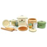 Vintage kitchenalia including enamelled bread bin, enamelled flour jar and cover and Doulton Lambeth