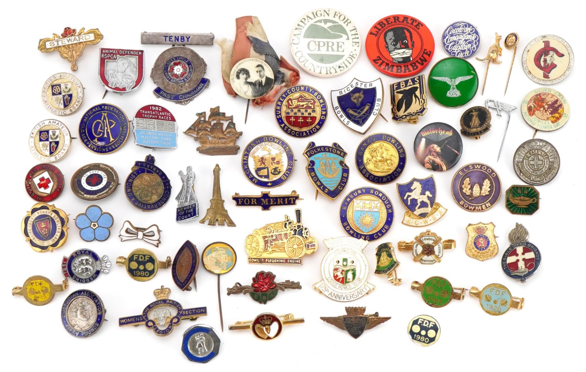 Collection of vintage and later pin badges, some with enamel including Motor Head, 1981 Royal