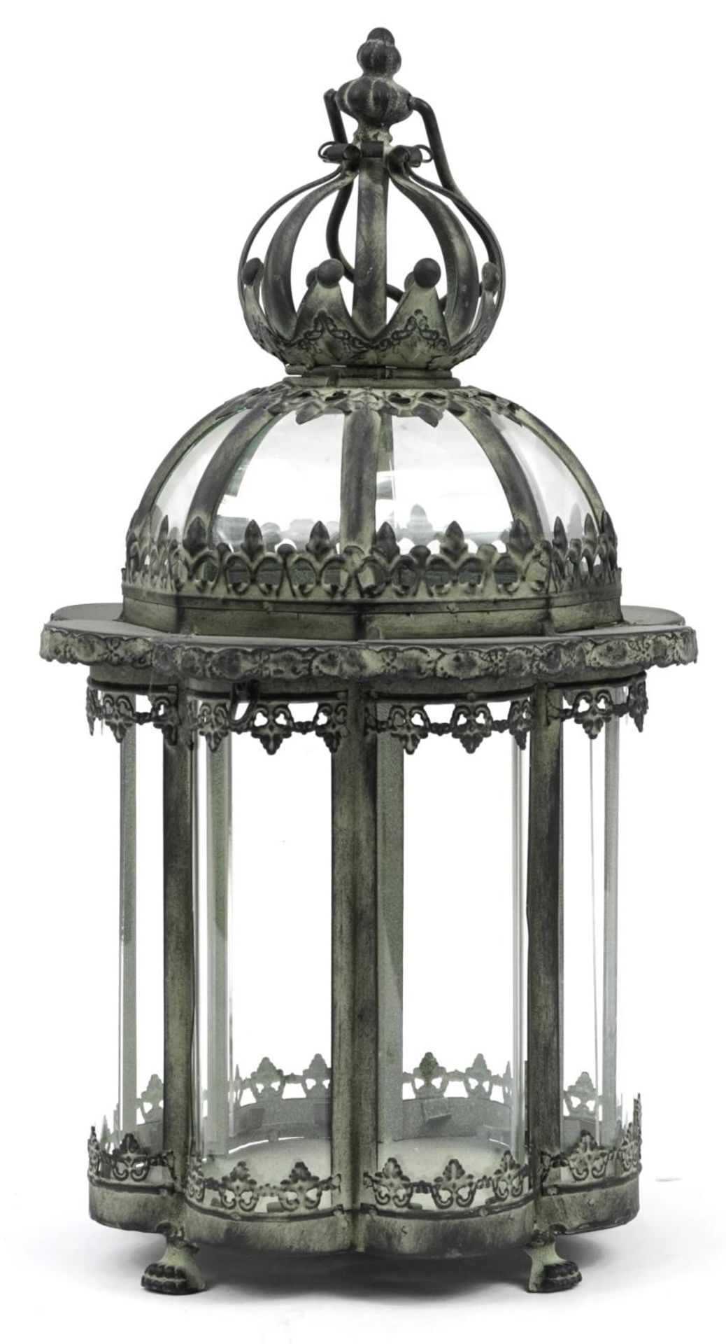 Bronzed metal hanging lantern with glass panels on paw feet, 45.5cm high For further information