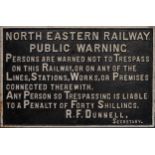 Railwayana interest North Eastern Railway Public Warning cast iron sign, 90cm x 60cm For further