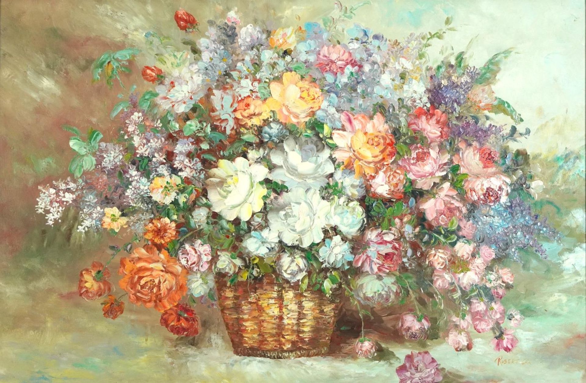 Robert Cox - Still life flowers in a basket, impasto oil on canvas, mounted and framed, 90cm x