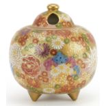 Japanese Satsuma pottery three footed pot pourri vase and cover hand painted with flowers, character