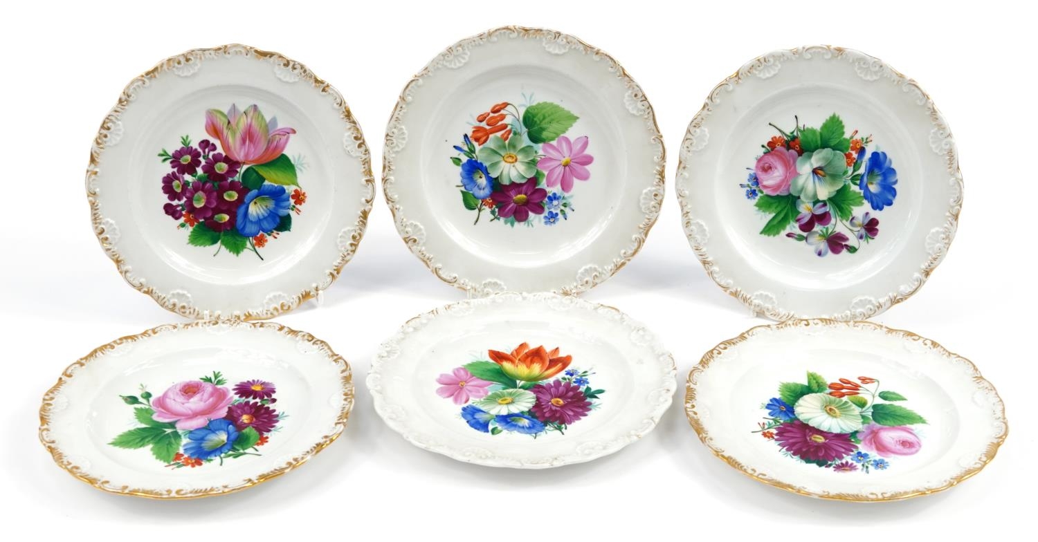 Meissen, set of six 19th century German porcelain cabinet plates finely hand painted with flowers,