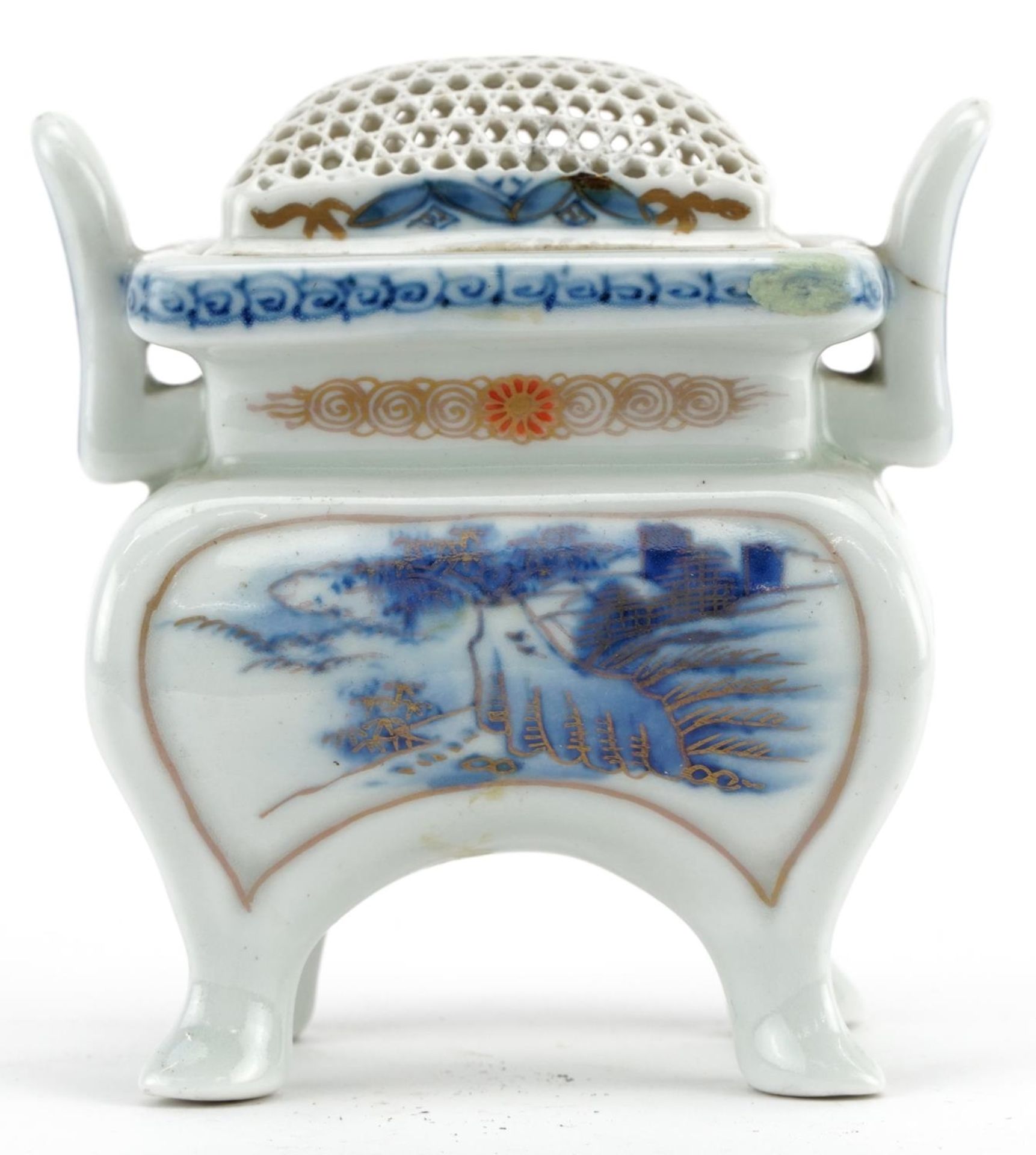 Japanese Hirado porcelain four footed Koro with twin handles and pierced lid, hand painted and