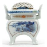Japanese Hirado porcelain four footed Koro with twin handles and pierced lid, hand painted and